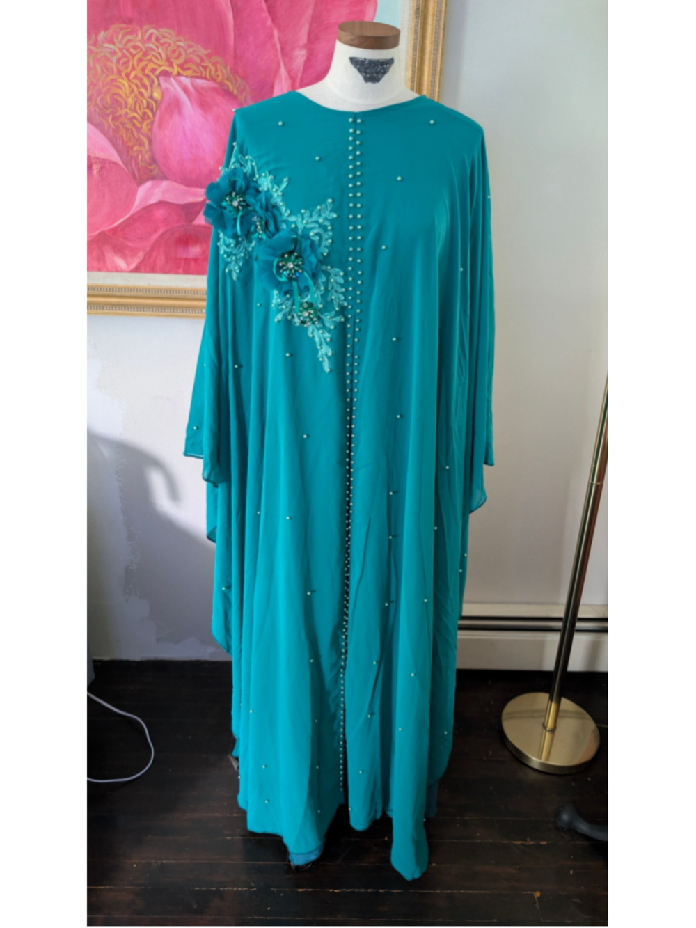 Women's Teal Kaftan, Size 58 Embellished with Pearls and Flowers